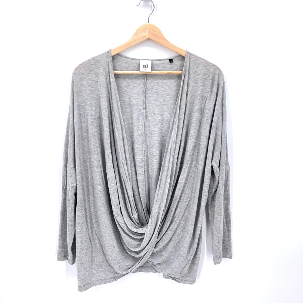 CAbi #3245 Taylor Tee Gray Draped Twist Front Long Sleeve Top Size Small